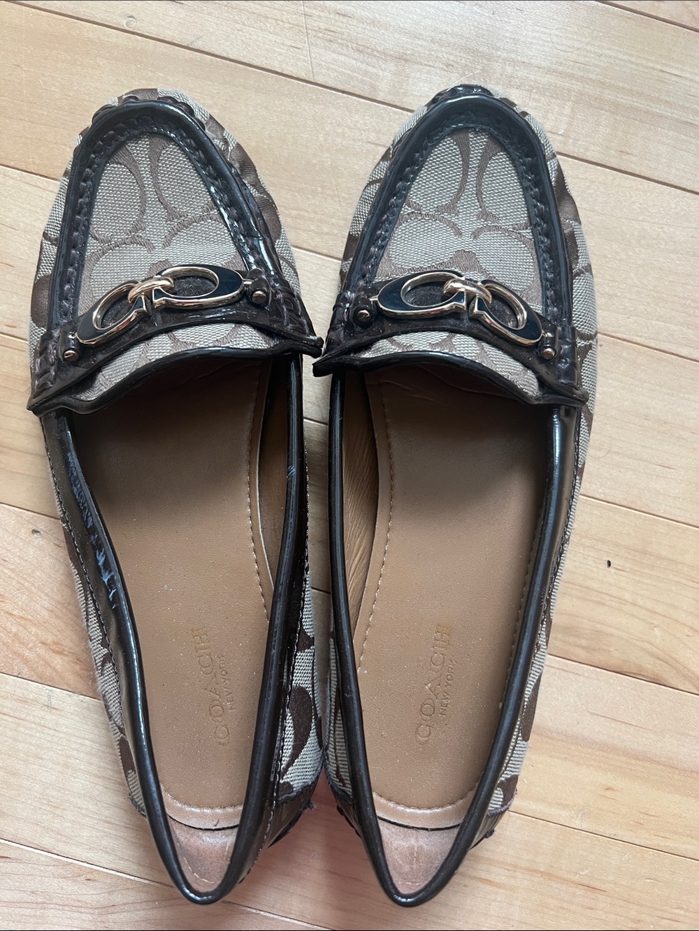 Coach Beige and Brown Signature Canvas Loafers with Gold Hardware
